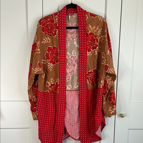 Free People Floral Red and Tan Kimono Cardigan | S - Picture 2 of 4